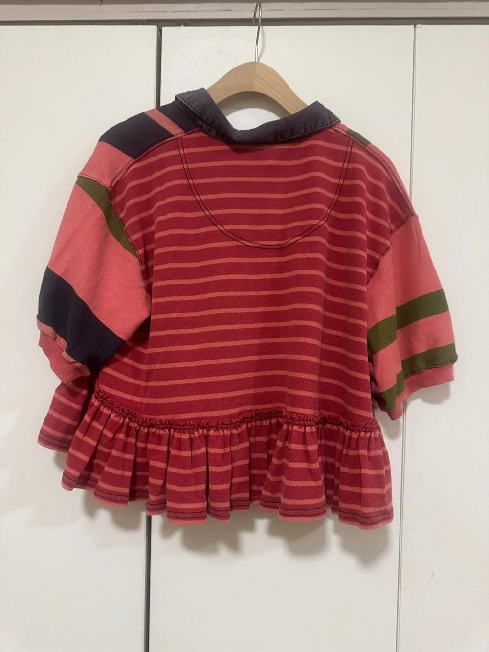 Free People Coral Rugby Polo with Olive and Charcoal Stripes